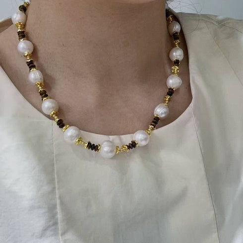Brown Tiger Eye Gemstone Baroque Pearl Necklace